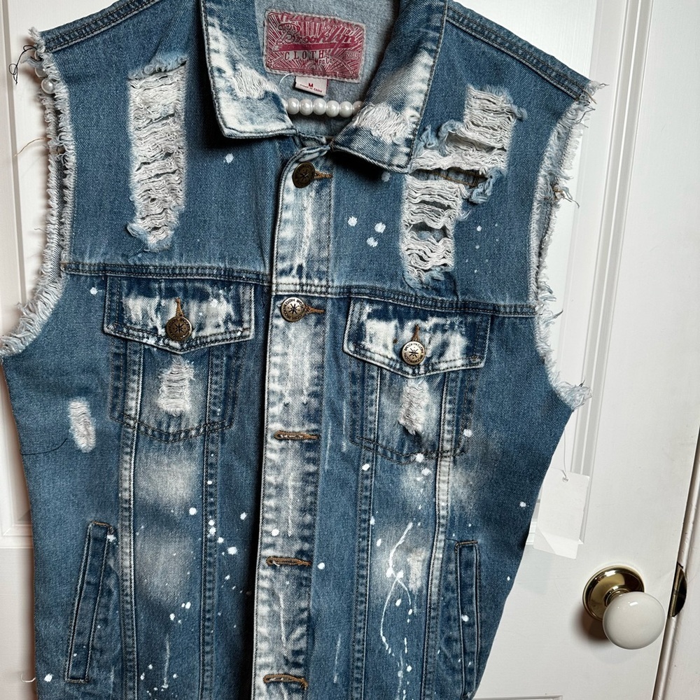 Distressed Denim Vest with Paint Splatter